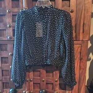 Zara Black Button-Up Blouse with White Dot Print